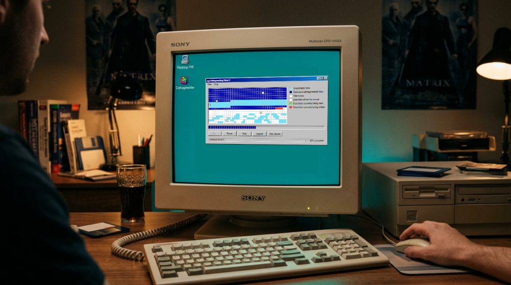Windows 98 Disk Defragmenter on a Vintage 1998 CRT Setup