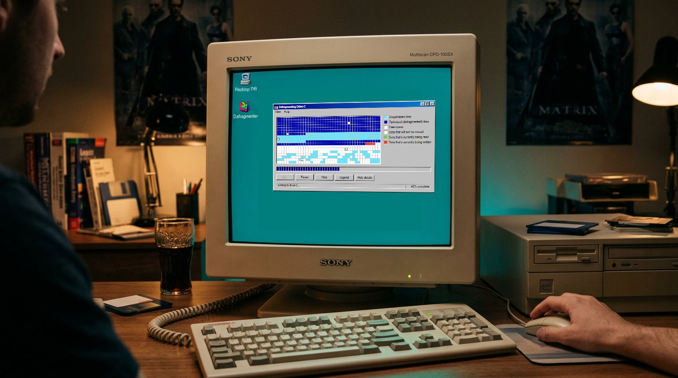 Windows 98 Disk Defragmenter on a Vintage 1998 CRT Setup
